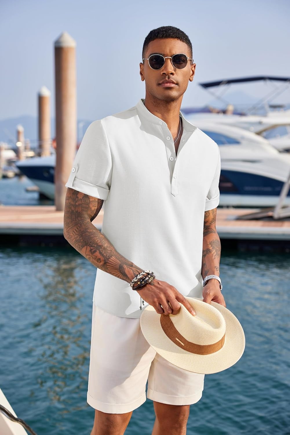 Men'S Casual Henley Shirt Short Sleeve Band Collar Linen Shirt Summer Beach Hippie T-Shirts