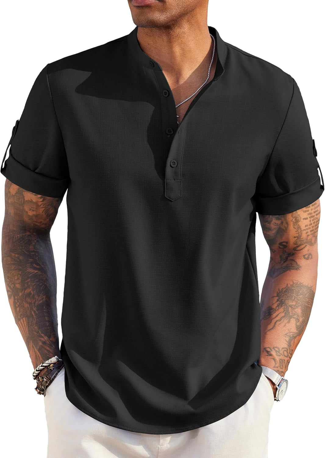 Men'S Casual Henley Shirt Short Sleeve Band Collar Linen Shirt Summer Beach Hippie T-Shirts