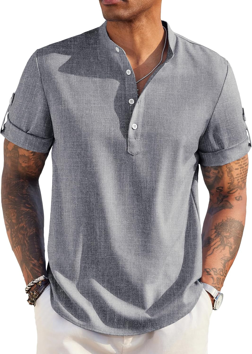 Men'S Casual Henley Shirt Short Sleeve Band Collar Linen Shirt Summer Beach Hippie T-Shirts