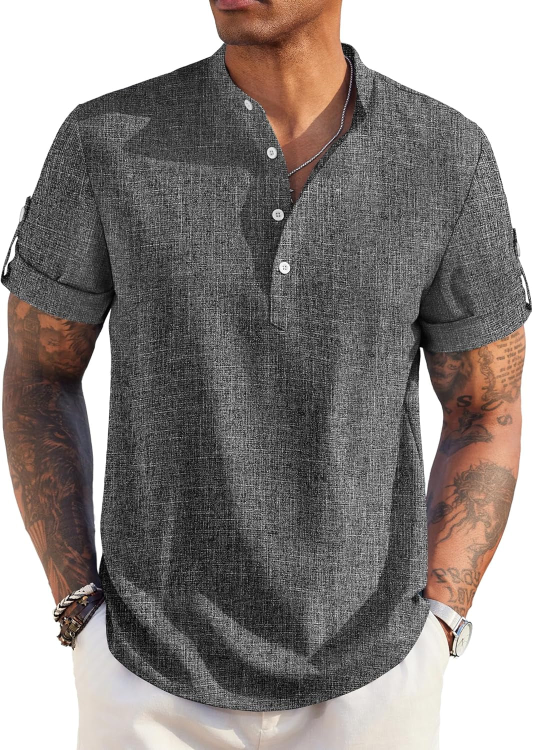 Men'S Casual Henley Shirt Short Sleeve Band Collar Linen Shirt Summer Beach Hippie T-Shirts