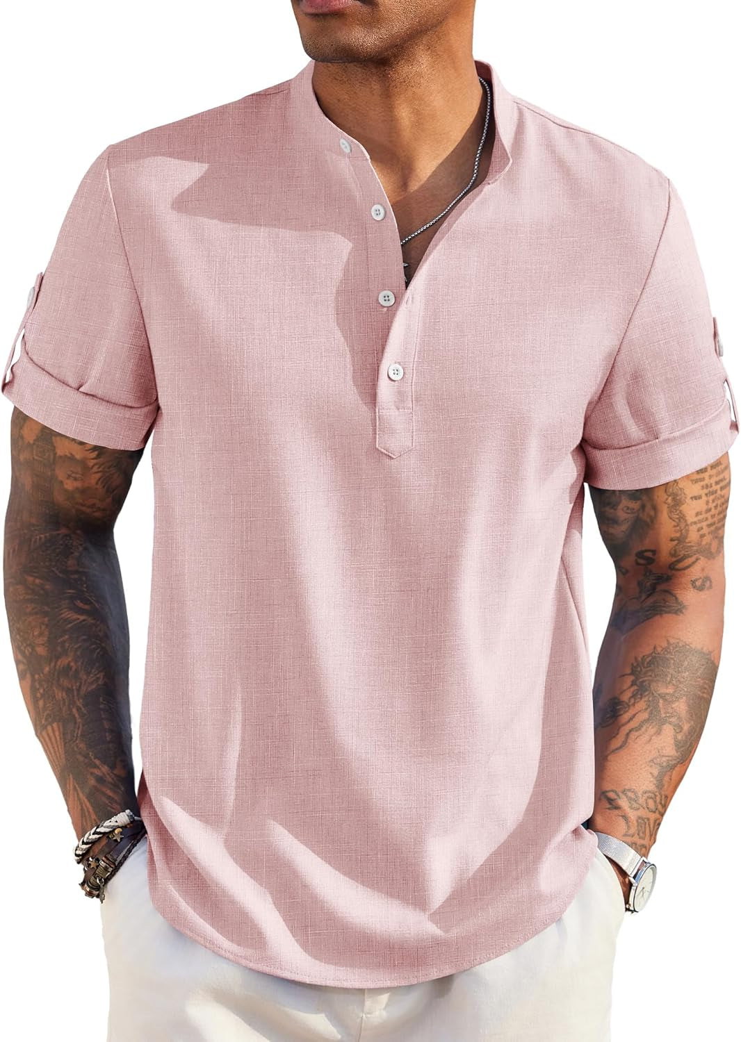 Men'S Casual Henley Shirt Short Sleeve Band Collar Linen Shirt Summer Beach Hippie T-Shirts