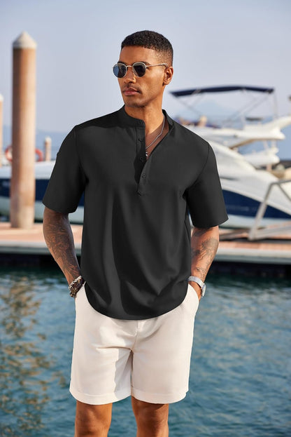 Men'S Casual Henley Shirt Short Sleeve Band Collar Linen Shirt Summer Beach Hippie T-Shirts