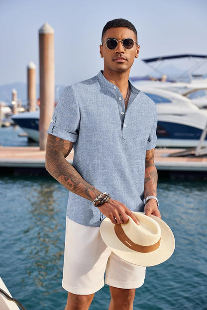 Men'S Casual Henley Shirt Short Sleeve Band Collar Linen Shirt Summer Beach Hippie T-Shirts