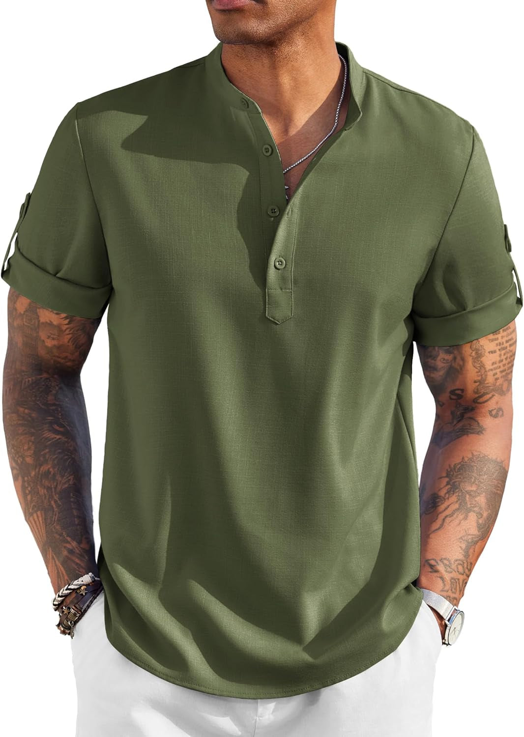 Men'S Casual Henley Shirt Short Sleeve Band Collar Linen Shirt Summer Beach Hippie T-Shirts