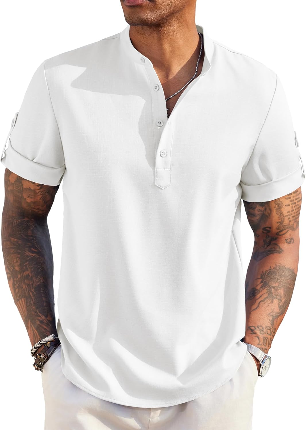 Men'S Casual Henley Shirt Short Sleeve Band Collar Linen Shirt Summer Beach Hippie T-Shirts