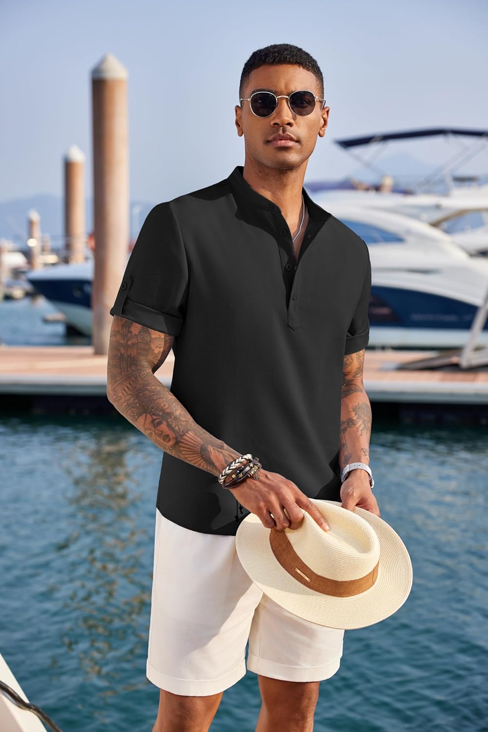 Men'S Casual Henley Shirt Short Sleeve Band Collar Linen Shirt Summer Beach Hippie T-Shirts