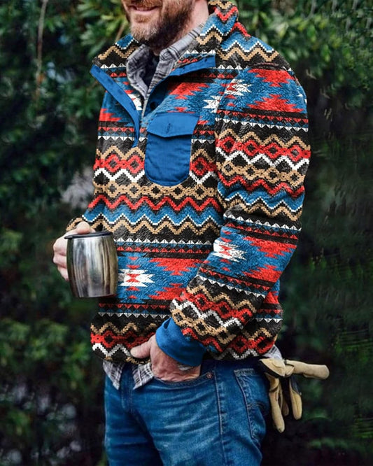 Mens Aztec Fleece Jackets Fuzzy Sherpa Pullover Sweatshirts Winter Coats Western Vintage Sweaters with Pocket