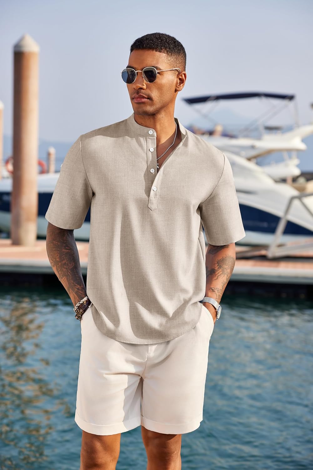 Men'S Casual Henley Shirt Short Sleeve Band Collar Linen Shirt Summer Beach Hippie T-Shirts