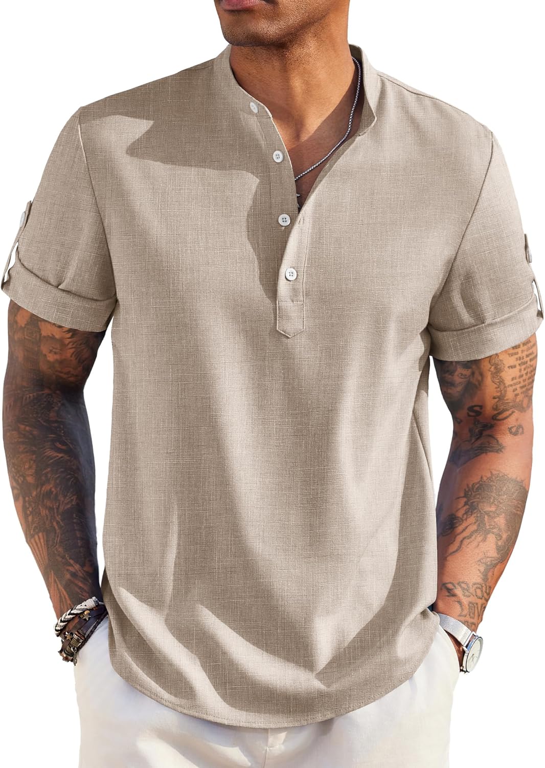 Men'S Casual Henley Shirt Short Sleeve Band Collar Linen Shirt Summer Beach Hippie T-Shirts