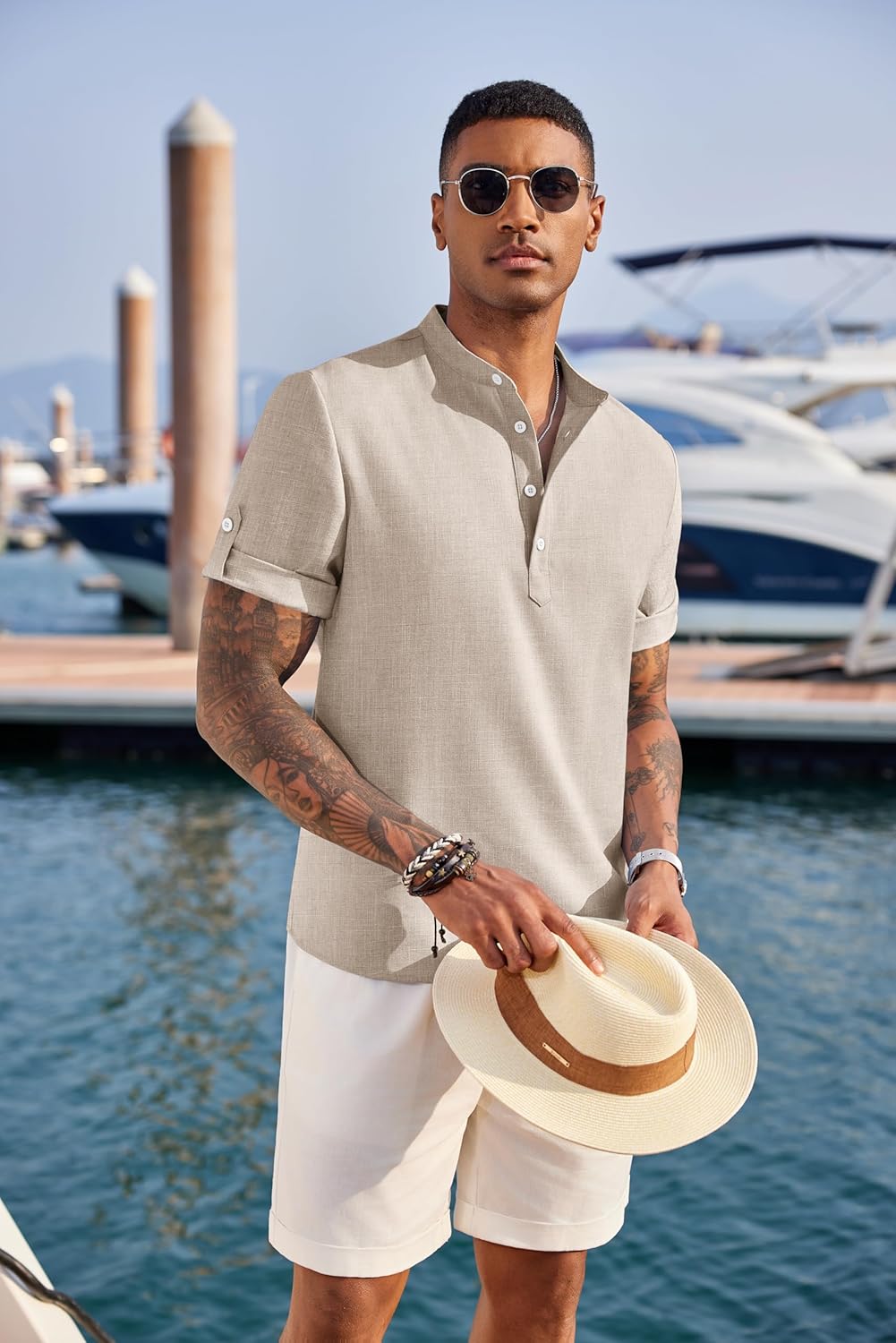 Men'S Casual Henley Shirt Short Sleeve Band Collar Linen Shirt Summer Beach Hippie T-Shirts