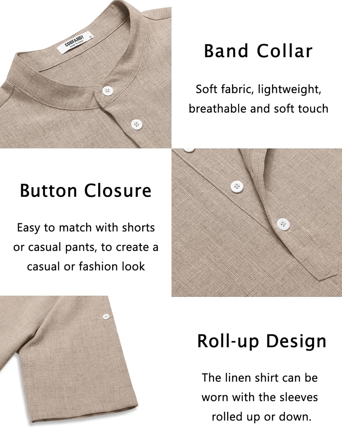 Men'S Casual Henley Shirt Short Sleeve Band Collar Linen Shirt Summer Beach Hippie T-Shirts