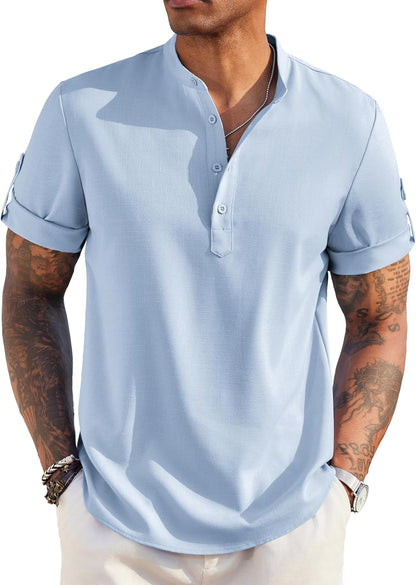 Men'S Casual Henley Shirt Short Sleeve Band Collar Linen Shirt Summer Beach Hippie T-Shirts