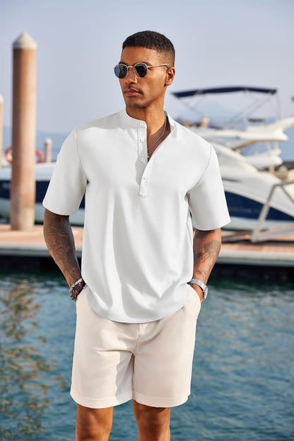 Men'S Casual Henley Shirt Short Sleeve Band Collar Linen Shirt Summer Beach Hippie T-Shirts