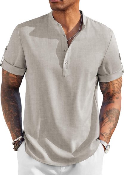 Men'S Casual Henley Shirt Short Sleeve Band Collar Linen Shirt Summer Beach Hippie T-Shirts