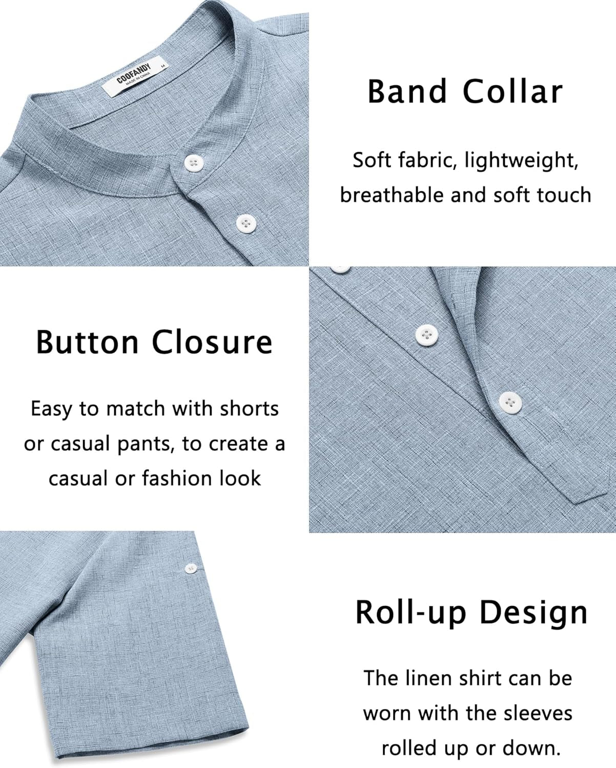 Men'S Casual Henley Shirt Short Sleeve Band Collar Linen Shirt Summer Beach Hippie T-Shirts