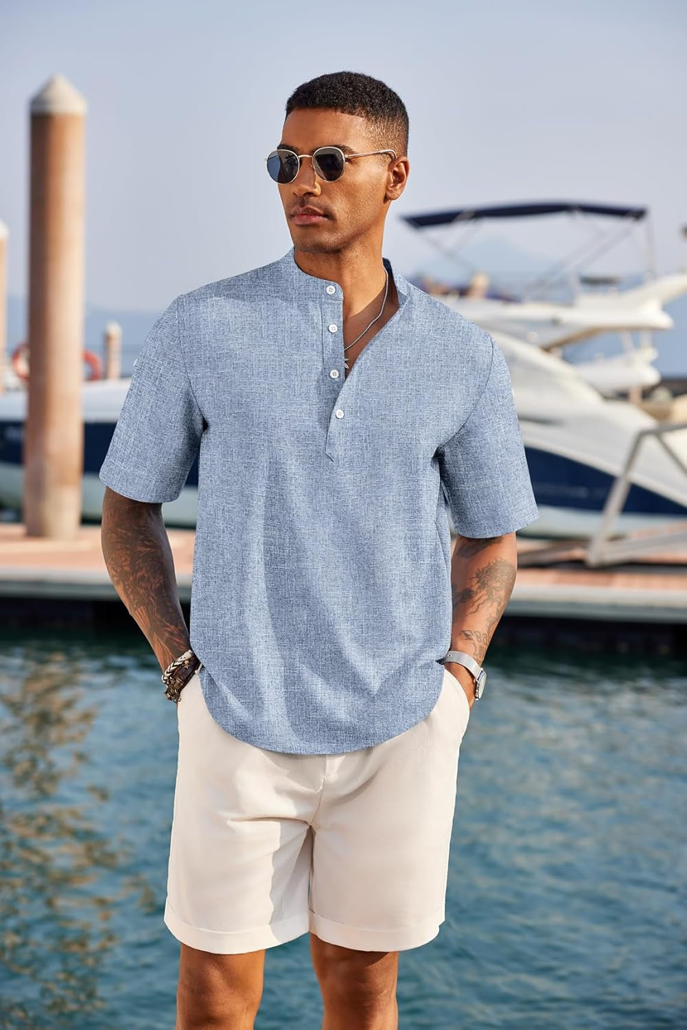 Men'S Casual Henley Shirt Short Sleeve Band Collar Linen Shirt Summer Beach Hippie T-Shirts