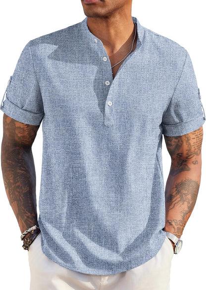 Men'S Casual Henley Shirt Short Sleeve Band Collar Linen Shirt Summer Beach Hippie T-Shirts