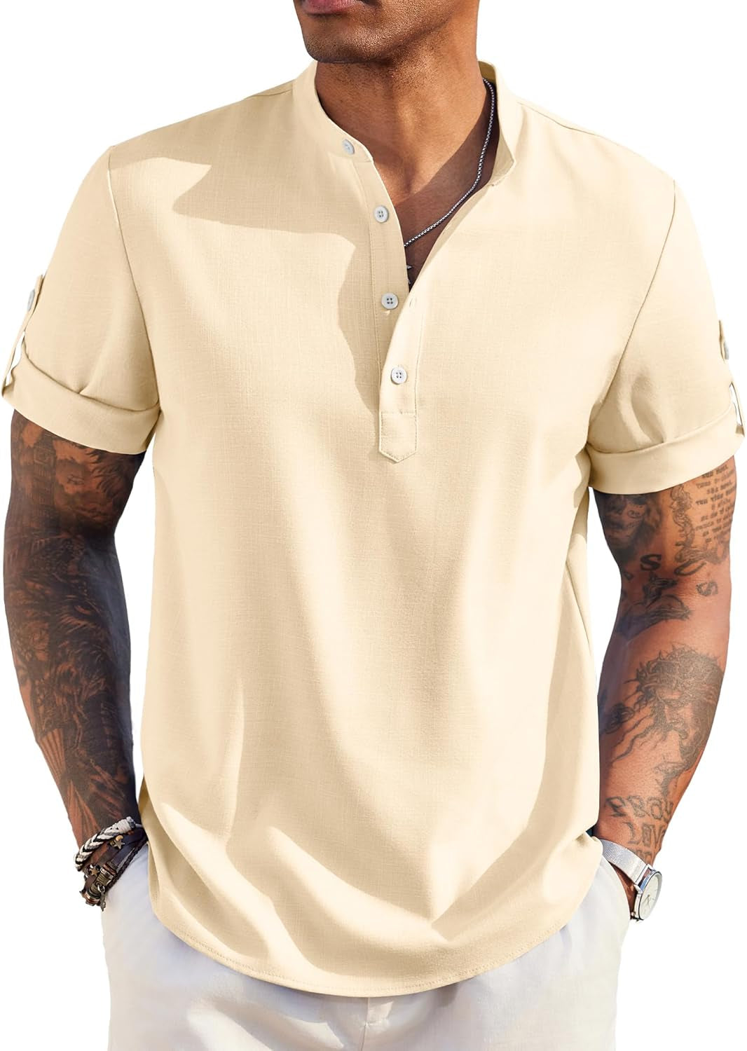 Men'S Casual Henley Shirt Short Sleeve Band Collar Linen Shirt Summer Beach Hippie T-Shirts